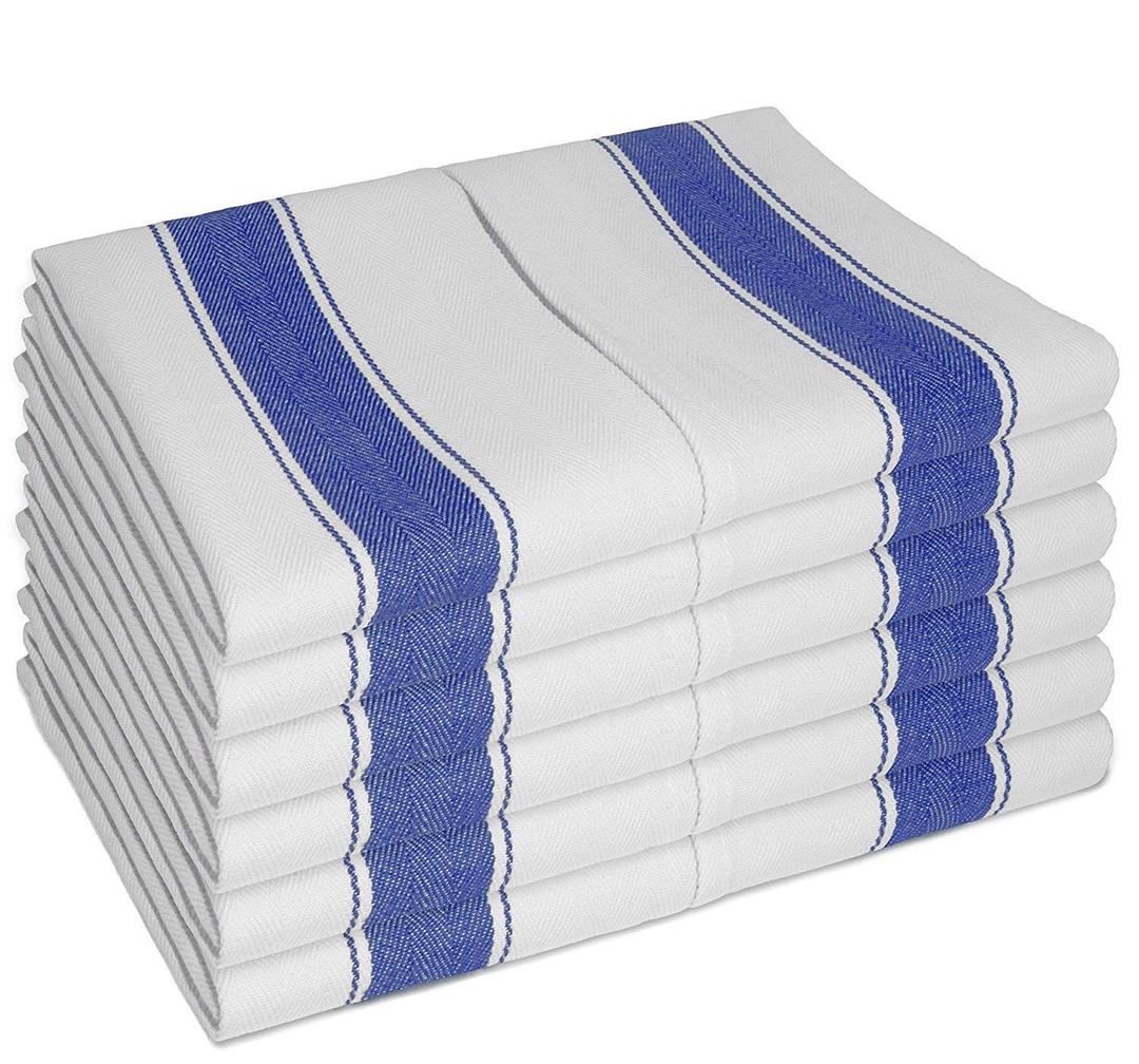 SMARTZ Dish Towel Set, White Tea Towels with Blue Stripes and Hanging Loop, 20 x 28 inches, Cotton, 12 Pieces