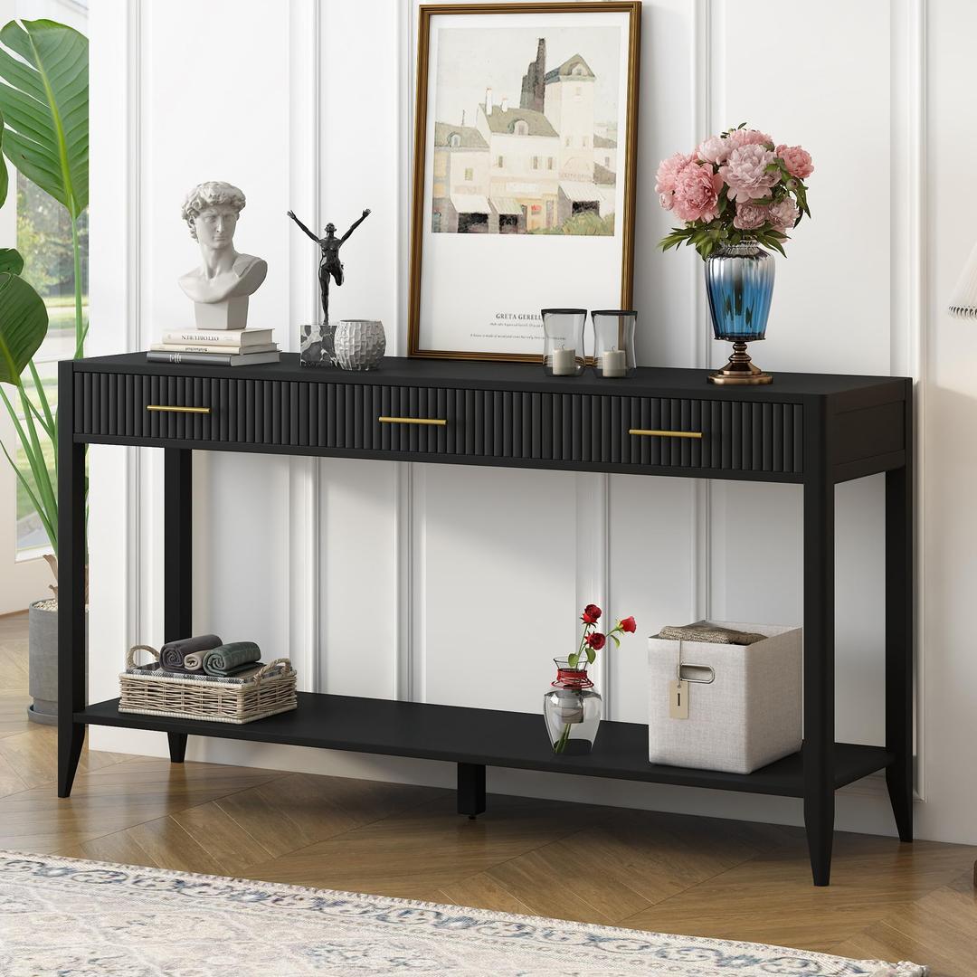 Merax Entryway Console Table, with 3 Storage Drawers, Modern Style/Wood Frame/Behind Couch & Sofa, Black