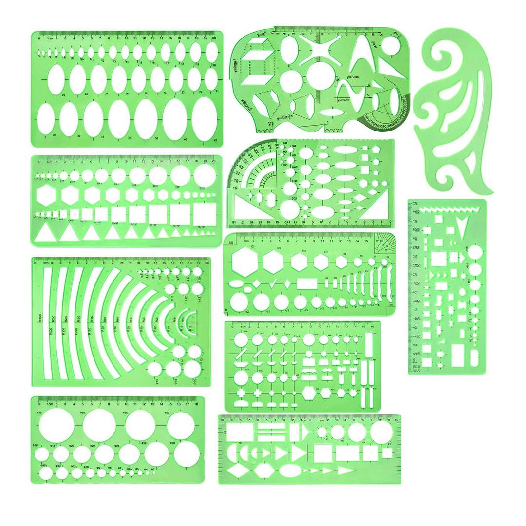 11 Pieces Geometric Drawings Templates Stencils Plastic Measuring Template Rulers Clear Green Shape Template for Drawing Engineering Drafting Building School Office Supplies