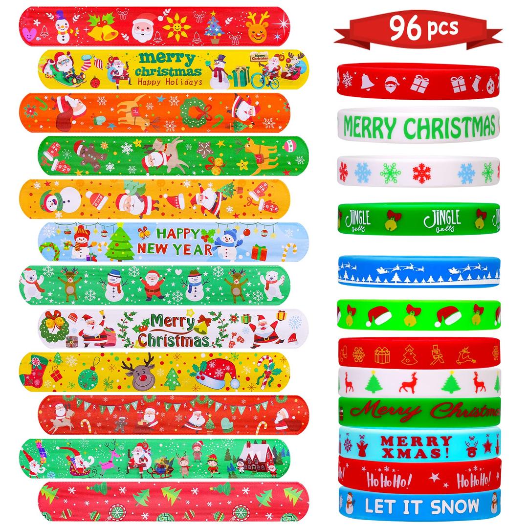 GarmaGarma 96Pcs Christmas Slap Bracelets Christmas Wristbands Rubber Band Christmas Silicone Bracelets for Kids Christmas Party Favors Christmas Stocking Stuffers Gifts (96)