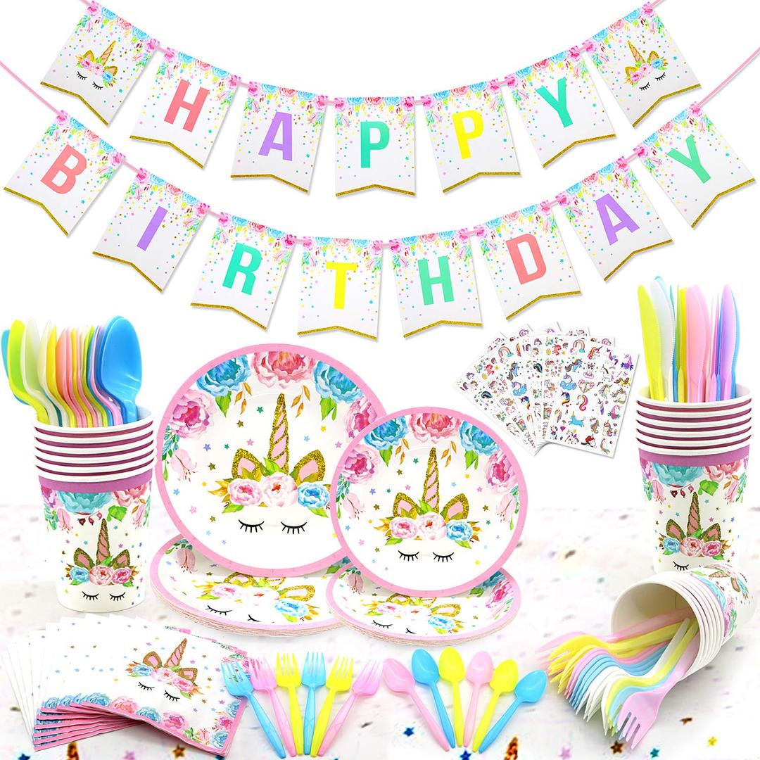 REMEL120 PCs Serves 16 Unicorn Party Supplies with Happy Birthday Banner Paper Party Plates Napkins Cups Spoons Forks for Unicorn Birthday Dinnerware Set