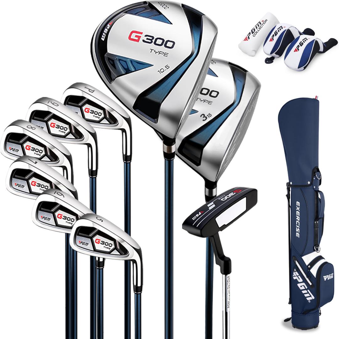 PGM Men's G300 Type Complete Golf Club Set - Titanium #1 Driver, Draw-Biased Hybrid, High-Strength Stainless Steel Iron Set, High Forgiveness Putter, with Stand Bag