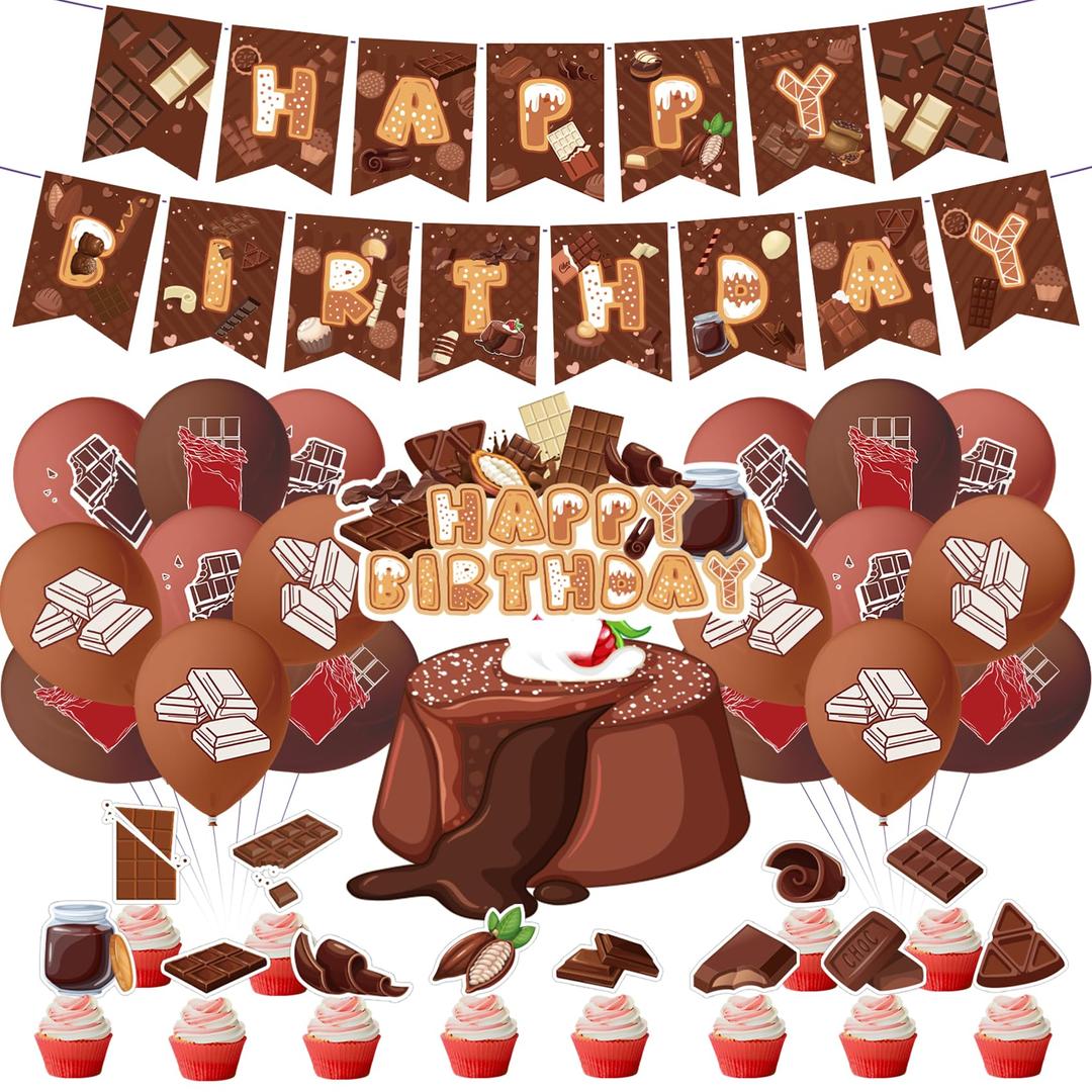 Chocolate Party Decorations Chocolate Birthday Party Supplies Includes HAPPY BIRTHDAY Banner Cake Topper Cupcake Toppers Balloons for Chocolate Birthday Decorations