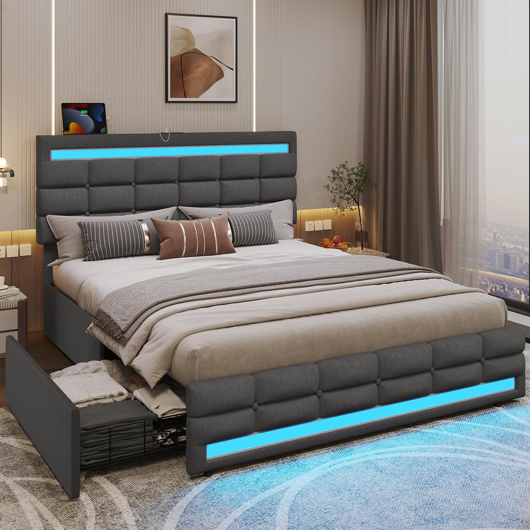 ADORNEVE Queen LED Bed Frame with 4 Drawers and 2 USB Charging Station, Upholstered Platform Queen Size Bed Frame with LED Lights Headboard Footboard, No Box Spring Needed, Dark Grey