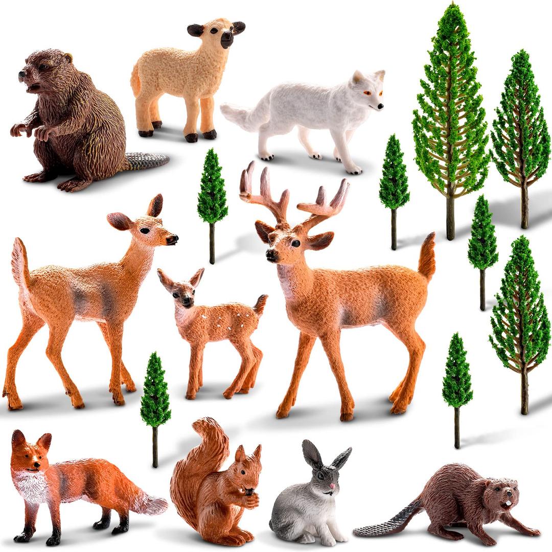 18 Pcs Forest Animals Figurines Woodland Animals Model Trees Kit Miniature Plastic Animals Realistic Wild Forest Animals for Cake Toppers Birthday Party Favor(Forest Animals)