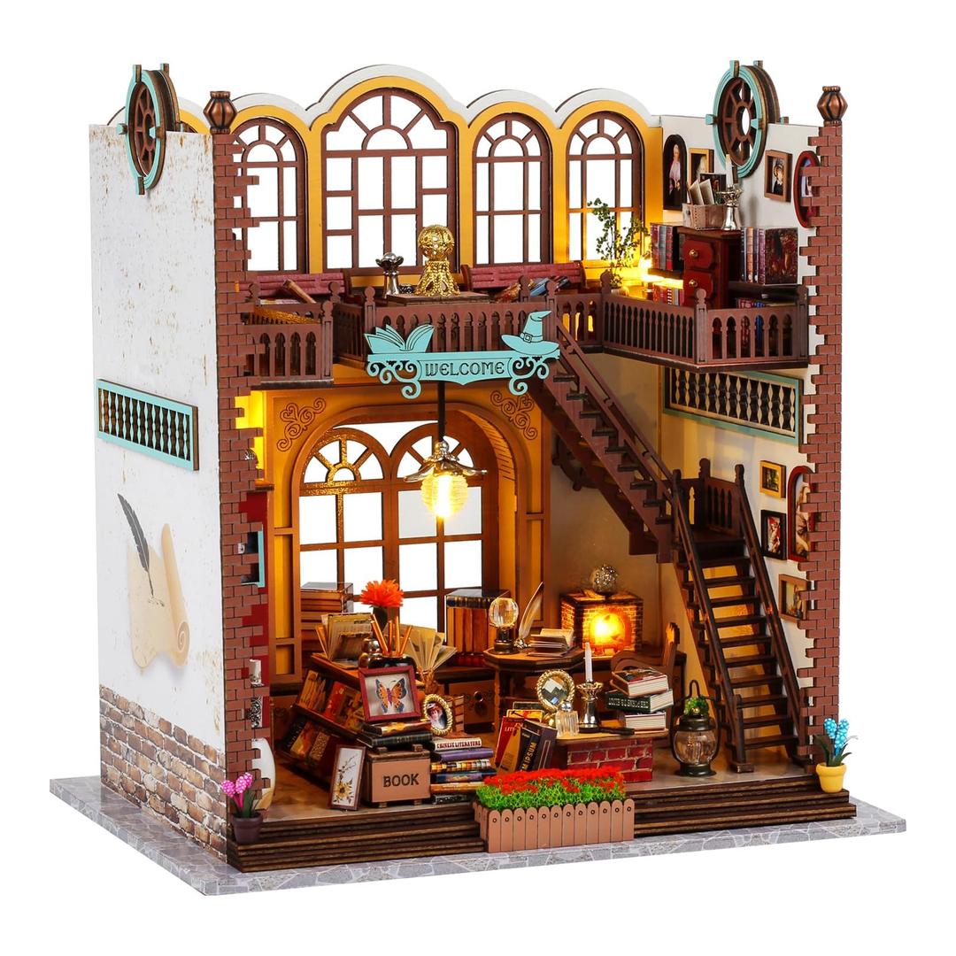 Quanquer Miniature House Kit: Magic Book Store Book Nook with Furniture and LED Light - DIY Kits for Adults - Wooden Doll House - Great Handmade Craft Model Kits - Tiny House Decor Ideal Gifts