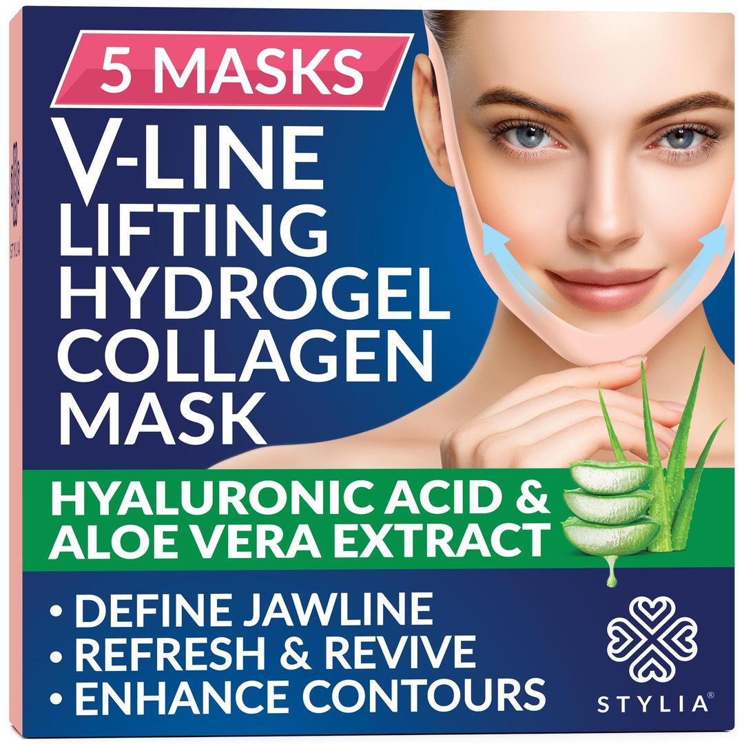 Stylia Double Chin Mask - V Line Chin Strap - Toning Hydrogel Collagen Face Mask with Hyaluronic Acid & Aloe Vera - 5PC