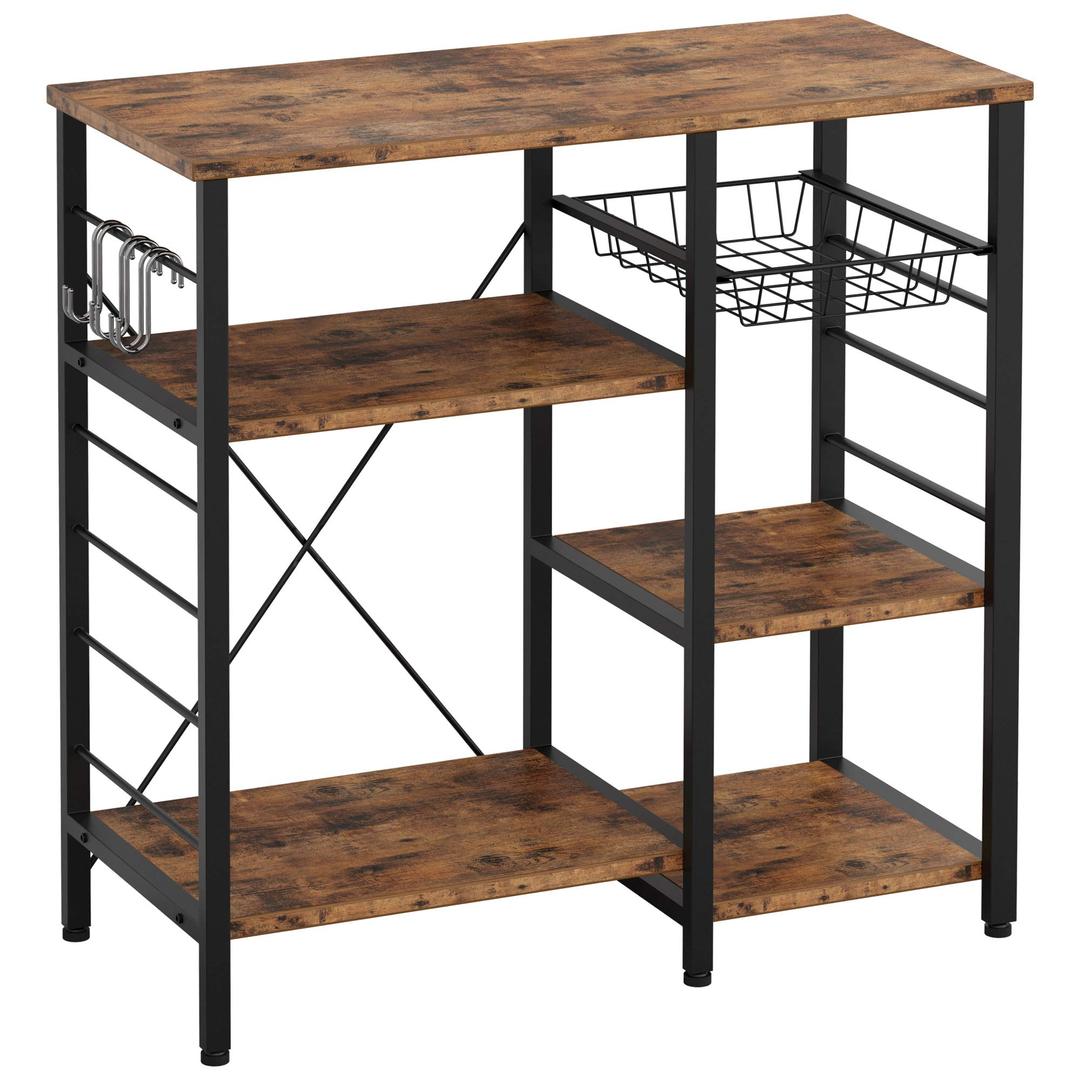 IRONCK Industrial Kitchen Baker’s Rack, Kitchen Island Utility Storage Shelf, Coffee Bar Microwave Stand with 6 Hooks, Metal Frame, Simple Assembly, Vintage Brown