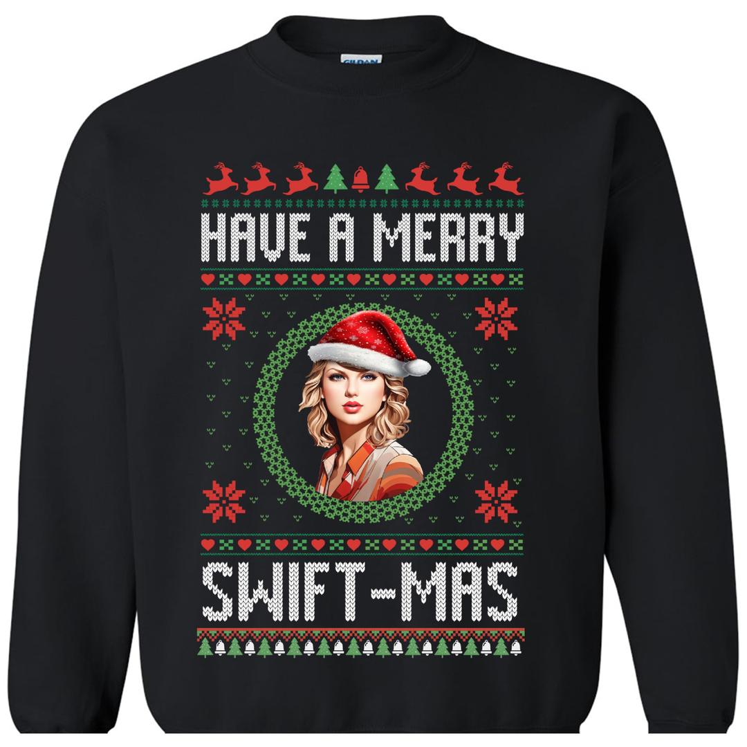 Merry Ugly Christmas Crewneck Sweatshirt, Funny Taylor Xmas Pullover for Office Party Black