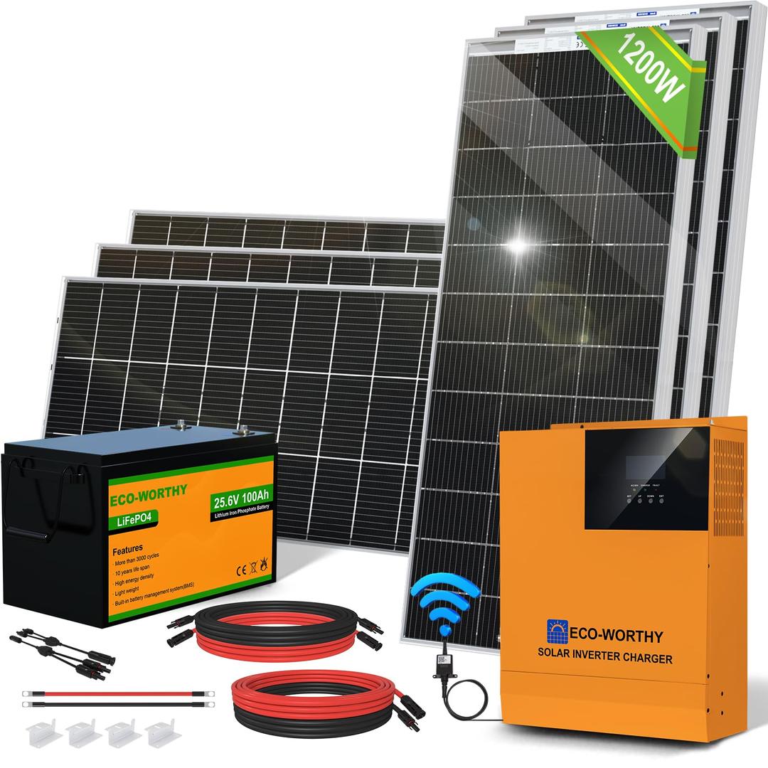 ECO-WORTHY 4.8KWH Solar Power Complete Kit 1200W 24V with Lithium Battery and Inverter for Home: 6pcs 195W Bifacial Solar Panel + 1pc 25.6V 100Ah Li-Battery + 3000W MPPT Hybrid Charger Inverter