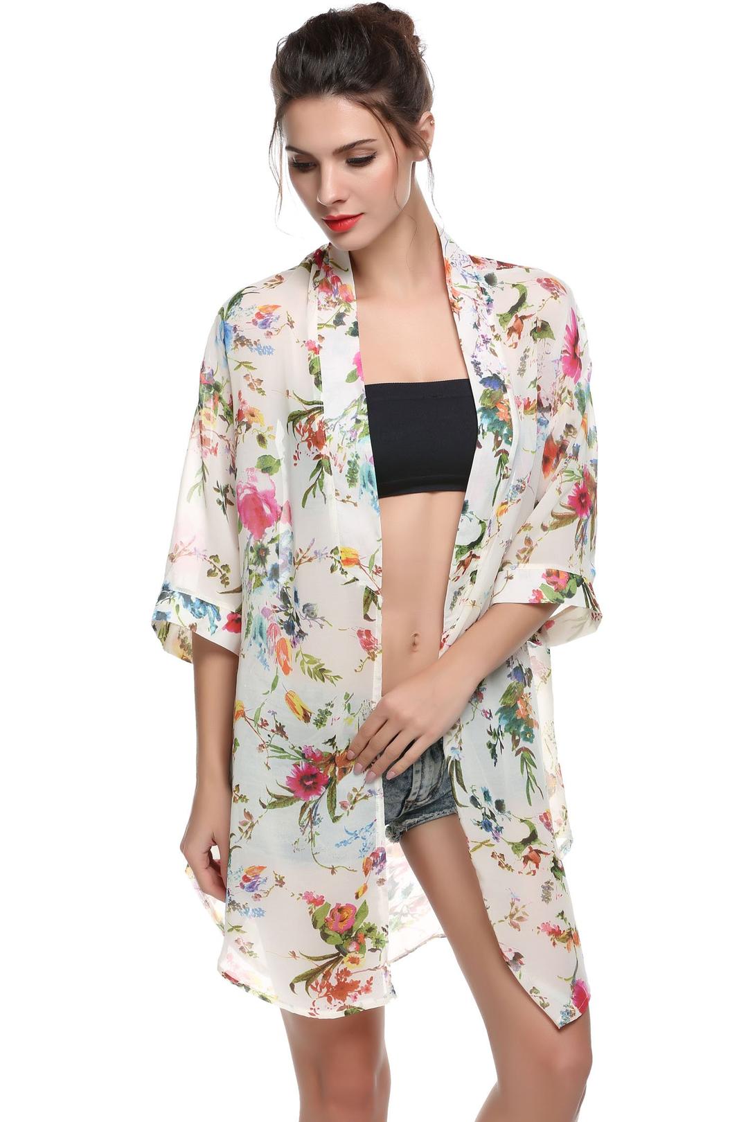 Bluetime Women's 3/4 Sleeve Floral High Low Chiffon Kimono Cardigan Blouse