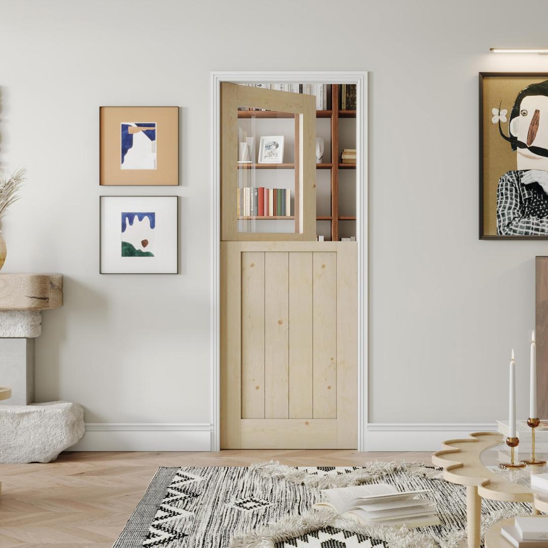 Interior Dutch Door, 30" x 80", Half Clear Glass Split Single Door Slab, Modern Style Farmhouse Closet Door, Natural Pine Wood(Not Include Door Hinges)