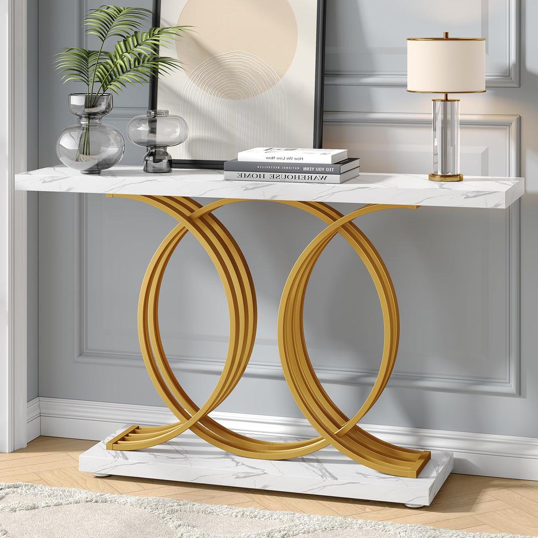 55-Inch Modern Console Table for Entryway,Faux Marble Entryway Table with Geometric Metal Legs, Gold Accent/Sofa Table for Hallway, Living Room (White &Gold)