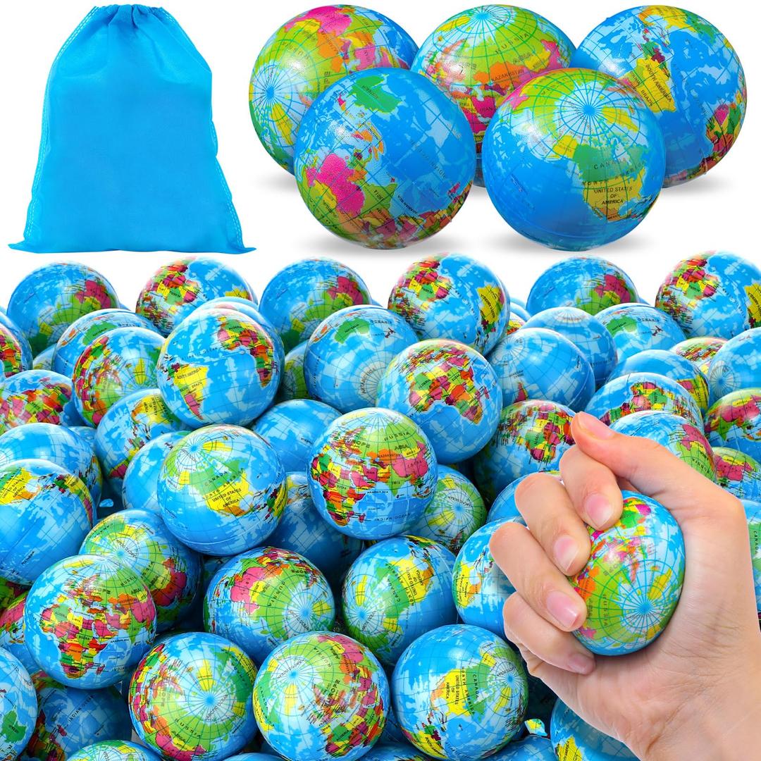 Poen150 Pcs Globe Squeeze Balls, 2 Inch Mini World Earth Stress Balls Bulk Educational Relief Foam Squeeze Ball with Blue Drawstring Bag for Finger Exercise School Reward Party Gift