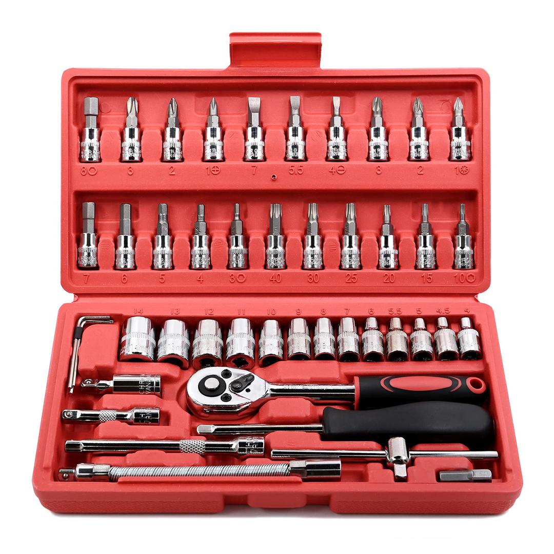 Egofine 46 Pieces 1/4 inch Drive Socket Ratchet Wrench Set, with Bit Socket Set Metric and Extension Bar for Auto Repairing and Household, with Storage Case