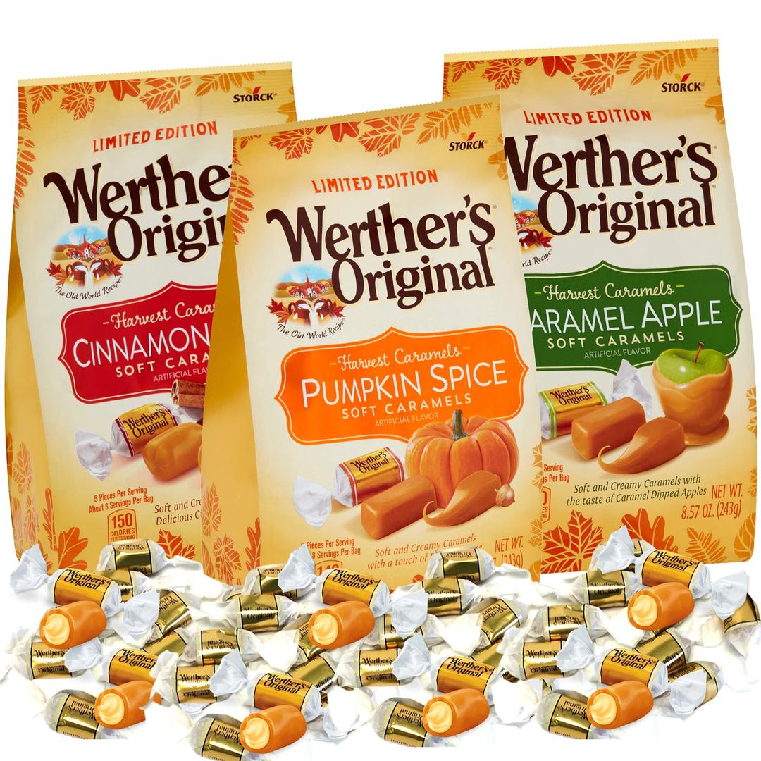 Werther's Soft Caramels, Apple, Cinnamon and Pumpkin For Halloween Holiday Season, Fall Flavored Caramel Assortment, Pack of 3