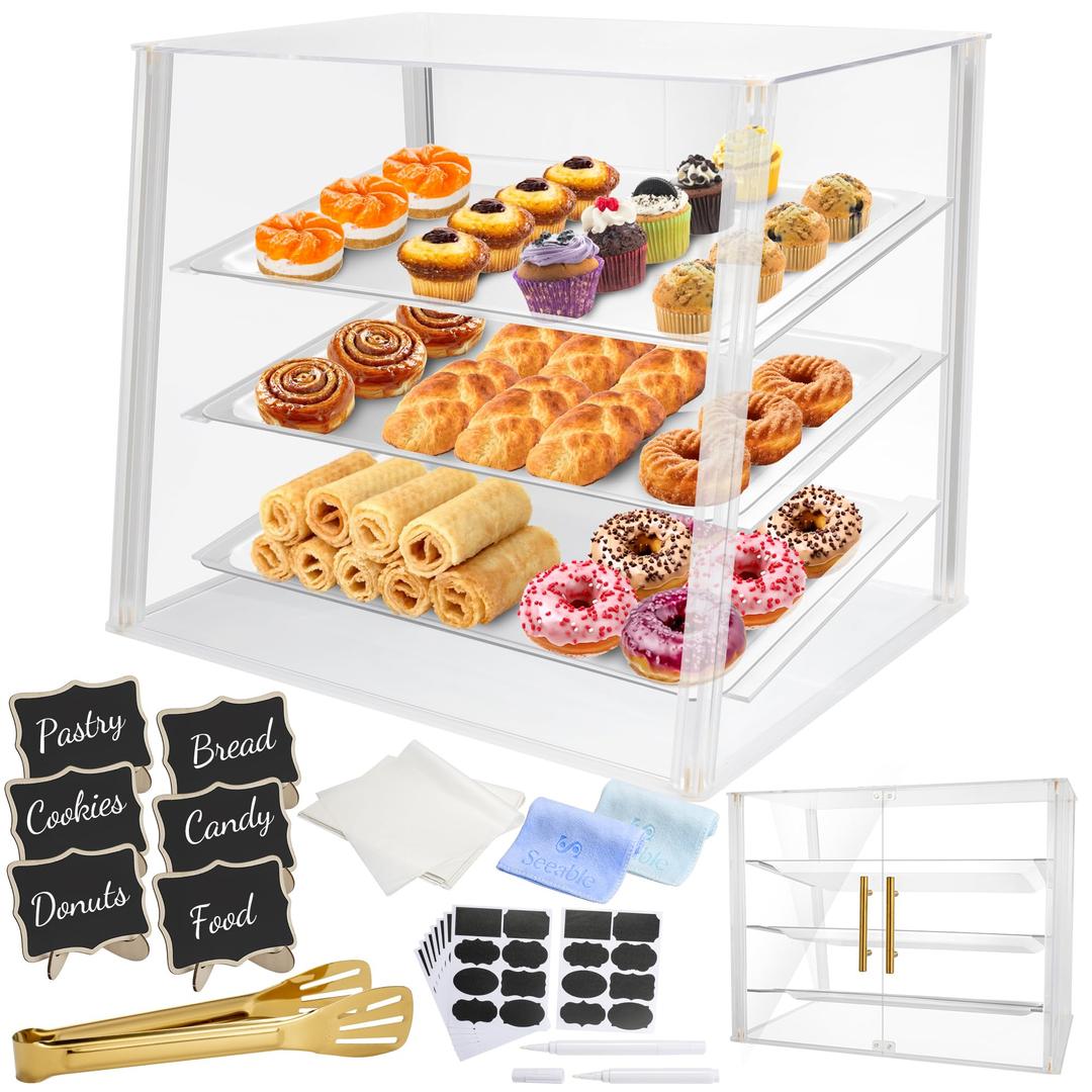 3 Tray Commercial Bakery Display Case Countertop with Rear Doors & Gold Accents, Acrylic Pastry Display Case Cabinet for Exquisite Dessert Display, Cookie Display & Food Display (21"x16"x17")