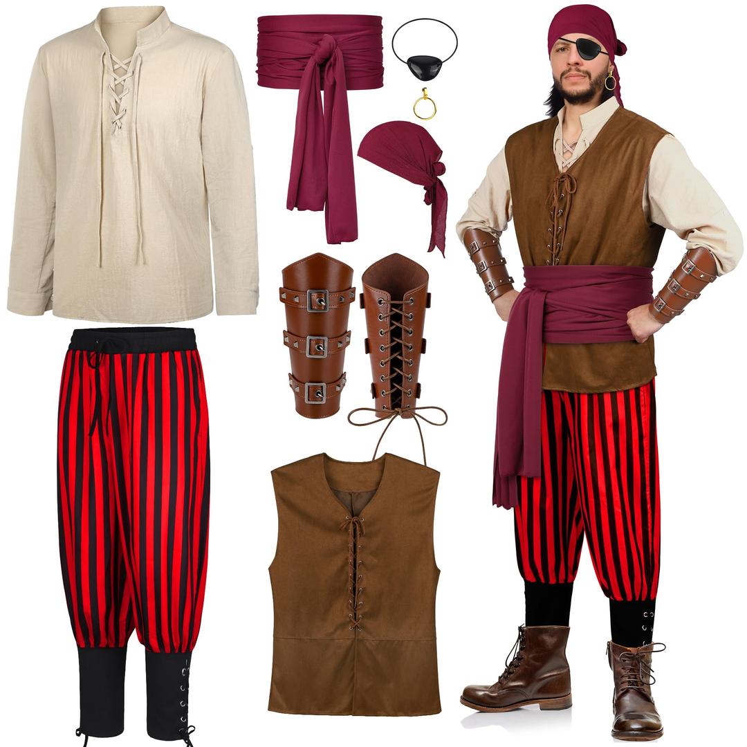 SOMSOC8 Pieces Men's Halloween Renaissance Medieval Costume Set Pirate Shirt Viking Vest Pants Headscarf Belt