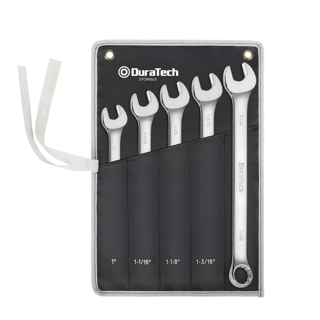 DURATECHLong Pattern Combination Wrench Set, SAE, 5-Piece, 1" to 1-1/4", 12 Point, CR-V Steel, with Rolling Pouch