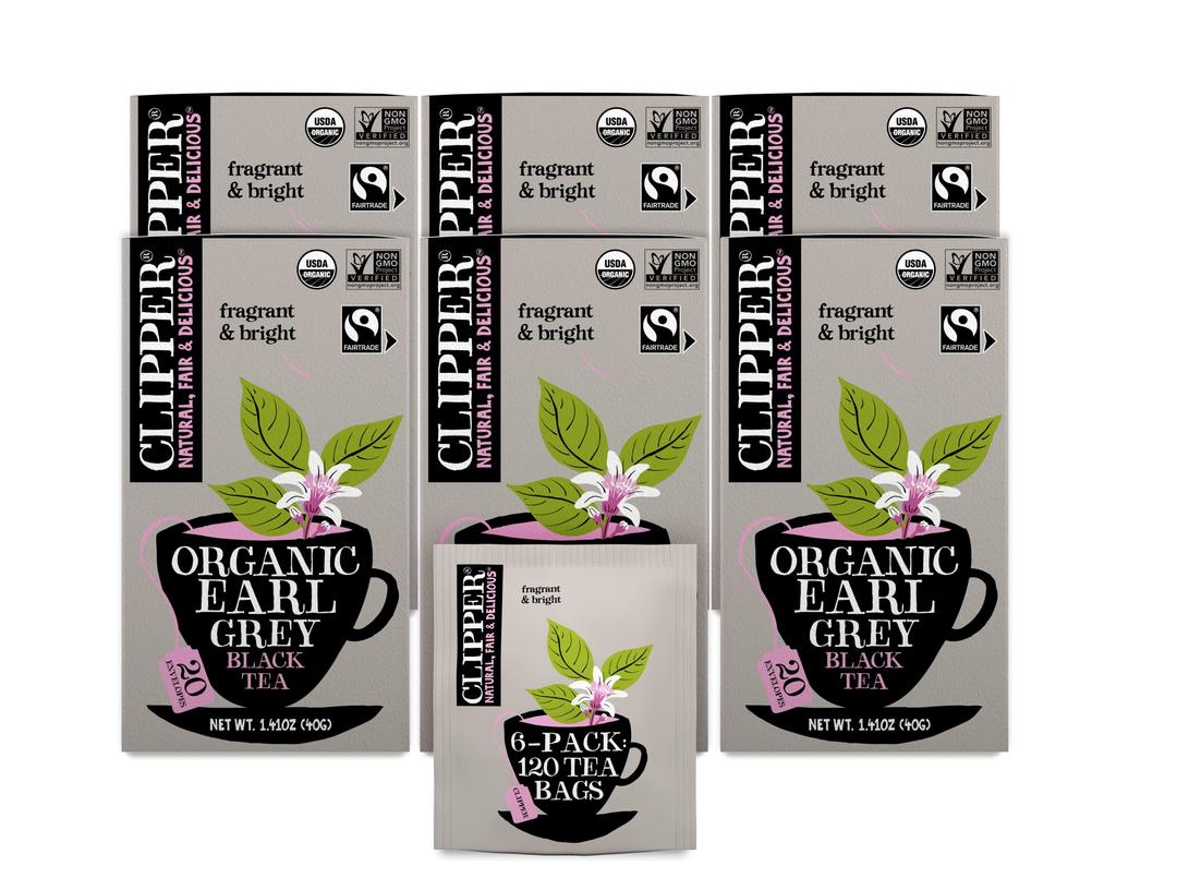 Clipper Tea, Earl Grey, Organic Tea with Citrus Begamot, Plant Based, Black Tea, Caffeinated British Tea, 6 Pack, 120 Unbleached Tea Bags