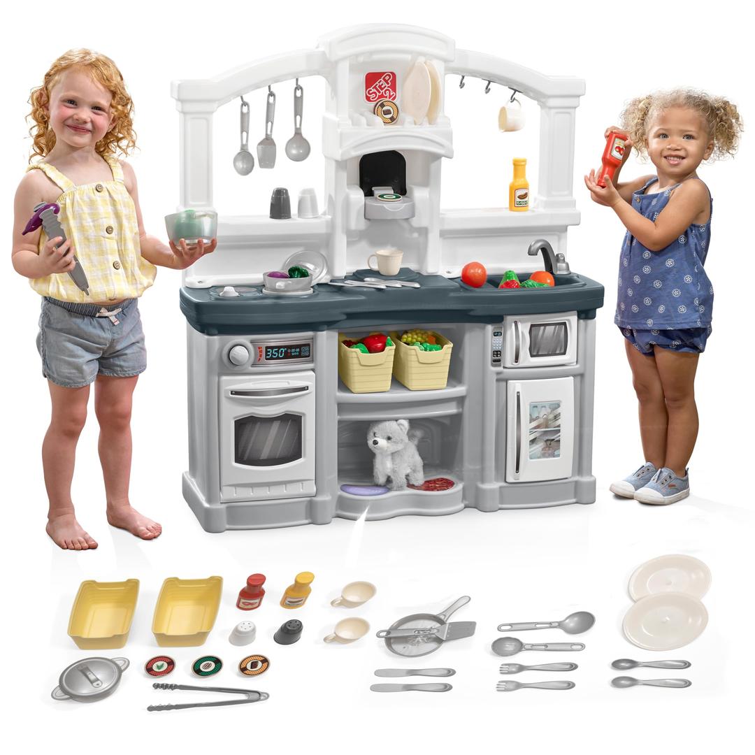 Step2 Fun with Friends Kids Kitchen Playset, Indoor/Outdoor Kitchenette, Interactive Play with Lights and Sounds, Durable Plastic, Includes 25 Piece Toy Accessories, Toddlers 2+ Years Old, Gray