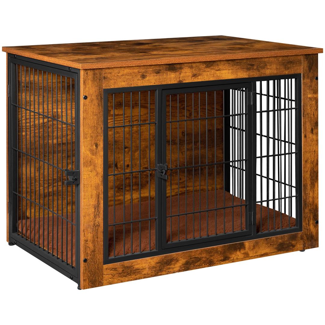 Dog Crate Furniture with Thick Cushion, Side End Table Wooden Dog Cage with Double Doors, Chew-Resistant Dog Kennel Dog House Indoor for Small to Large Dog, L