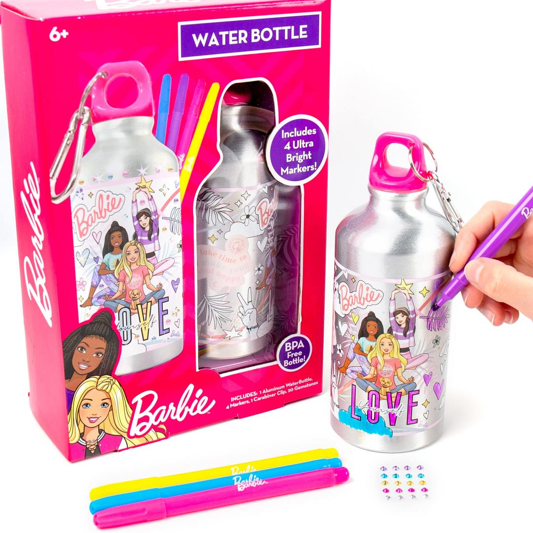 Barbie Color Your Own Water Bottle, Color Your Own Water Bottle, Great For Travel & Road Trips, Sports & School, Creative Gift Idea, Arts & Crafts Activity Kids Ages 6, 7, 8, 9, 10 Pink