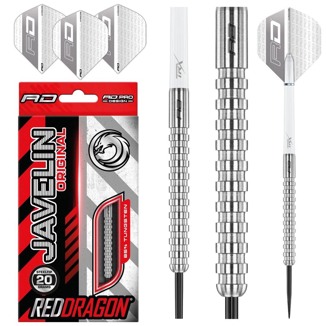 RED DRAGON Javelin Original Tungsten Darts Set with Dart Flights and Dart Shafts (Stems) - Available in 20g, 22g, 24g, 26g