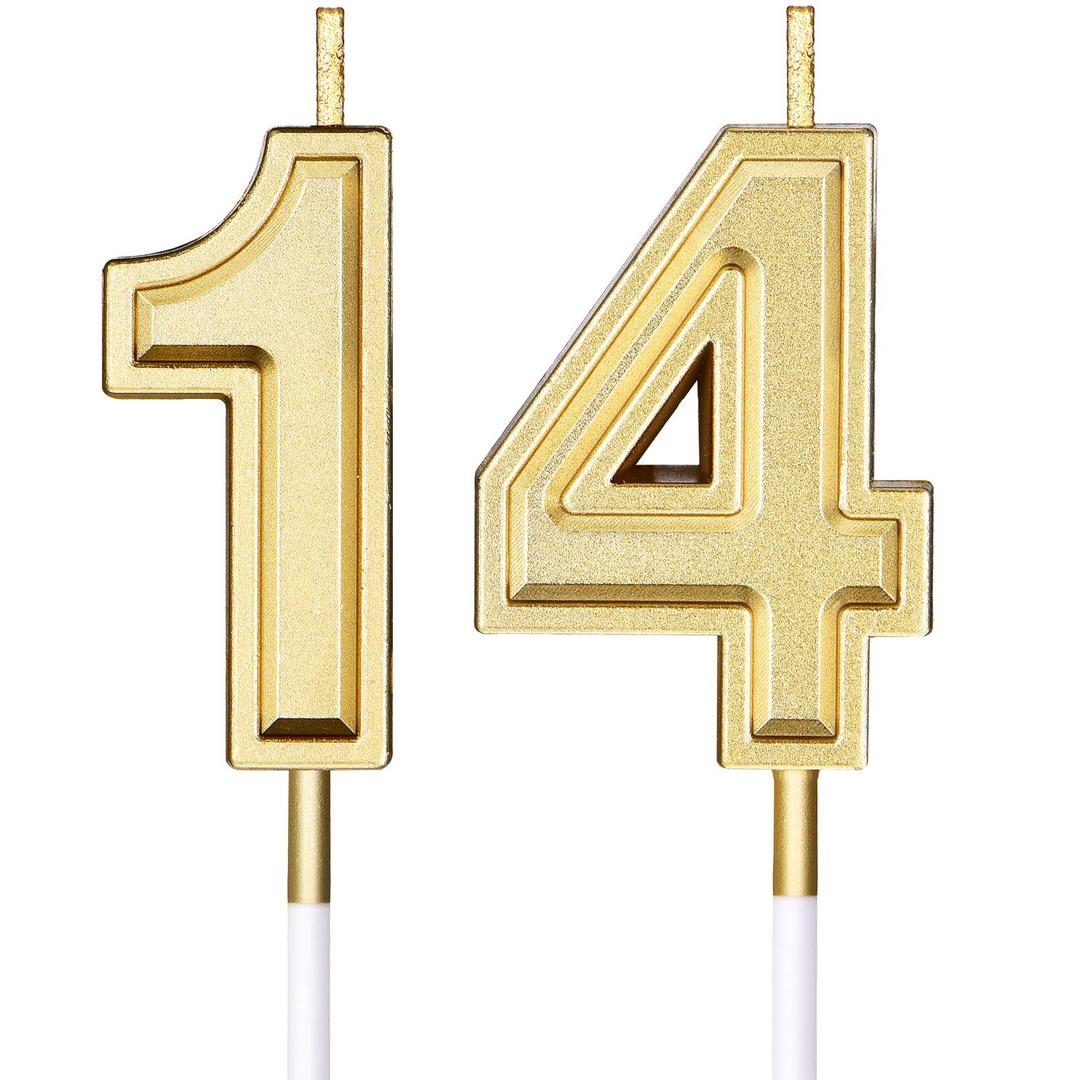 14th Birthday Candles Cake Numeral Candles Happy Birthday Cake Candles Topper Decoration for Birthday Wedding Anniversary Celebration Favor, Gold