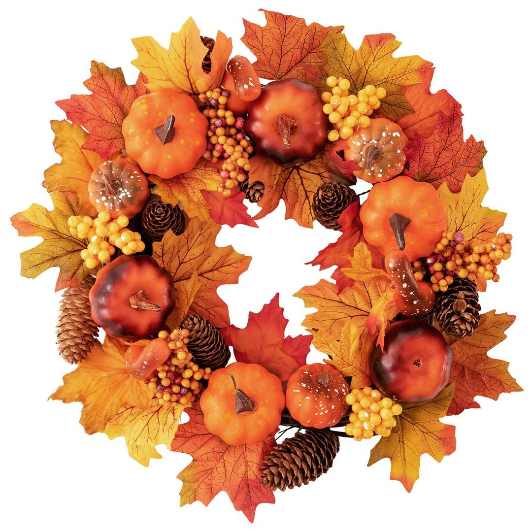 15 Inch Fall Door Wreath Autumn Maple Leaf Pumpkin Pinecone Harvest Wreath for Front Door Thanksgiving Halloween Decorations Home Decor