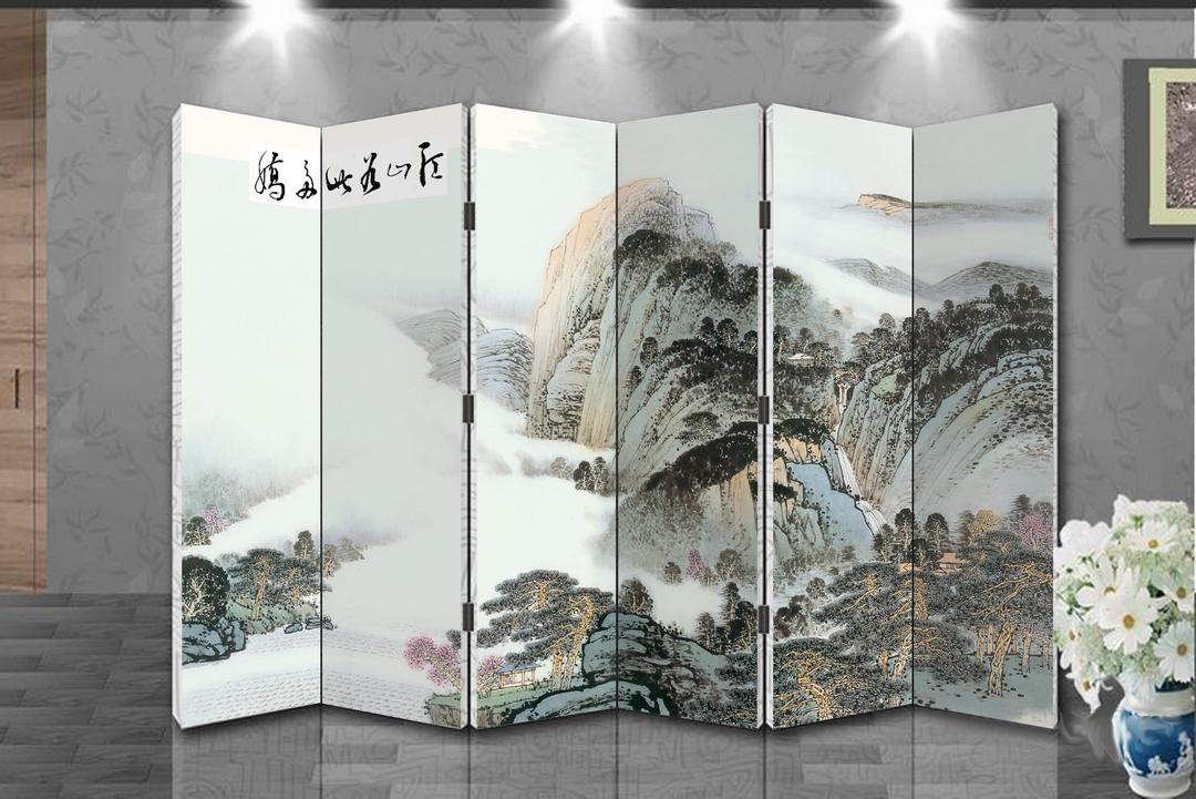 Oriental Style 6-Panel Foldable Shoji Screen Room Divider, Chinese Traditional Painting, Mountain in Cloud