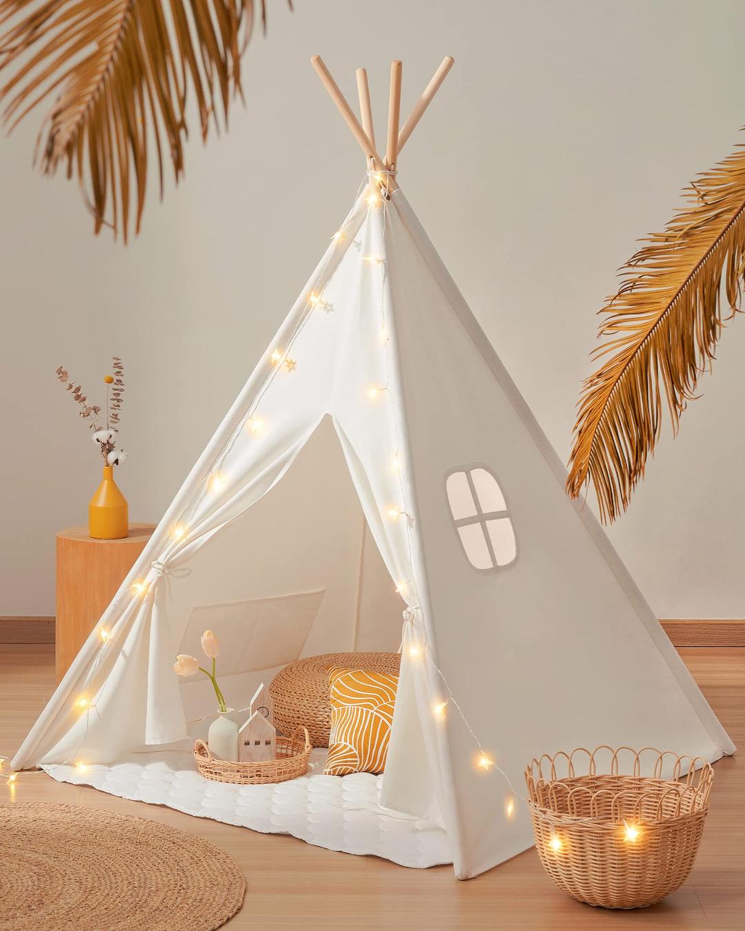 Tiny Land Teepee Tent for Kids, 100% Cotton Play Tent with Padded Mat and Star Lights, Kids Teepee Tent with Carry Bag, Foldable Kids Tent for Toddlers Aged 3+, Quality Teepee Tent for Girls and Boys