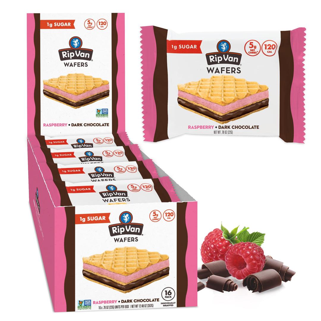 Rip Van Raspberry & Dark Chocolate Wafer Cookies - Healthy Snacks - Non GMO Keto Cookies - Keto Snacks - Low Carb, Low Sugar (1g), Low Calorie and Vegan Snack - 16 Count