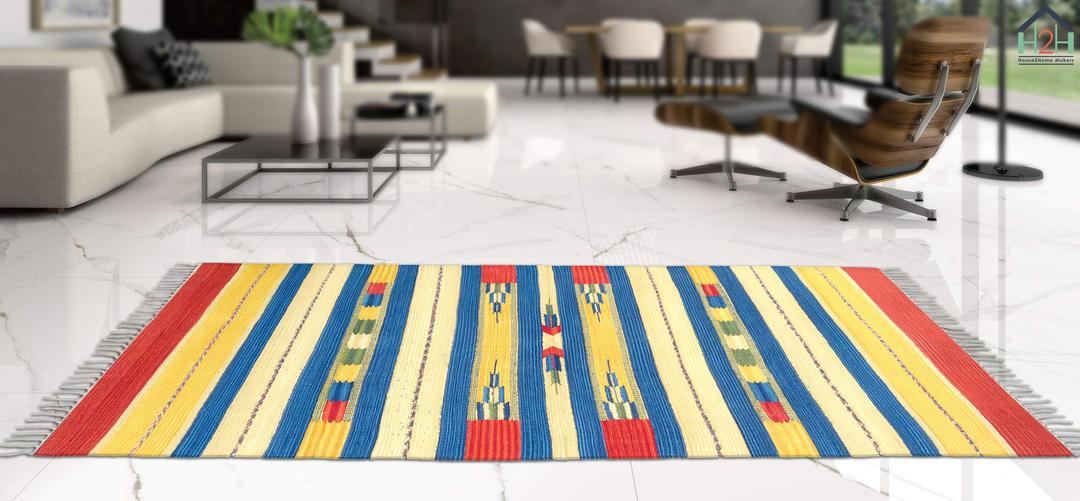 H2H House2Home Natural Colors in Cotton Kilim Design Area Rug for Living Room, Center Table, Gift item (Large 100 X 150cm & 90x150cm, Small 3x5ft, 5 Colors Red Yellow Combination)