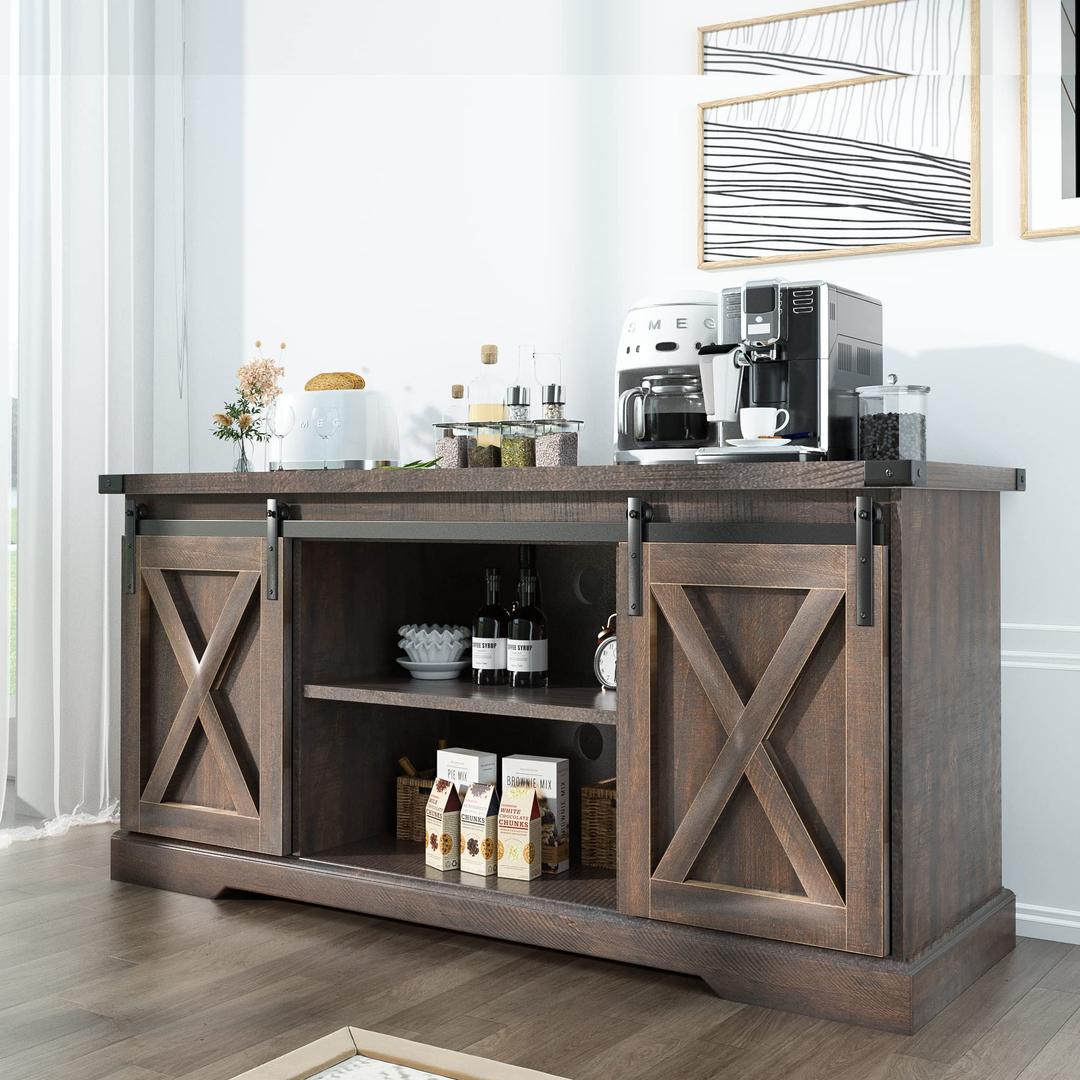 Farmhouse Sideboard with Sliding Barn Doors, Rustic Coffee Bar Cabinet with Storage and Adjustable Shelves, Cupboard Table for Kitchen Dining Room Living Room, Brown