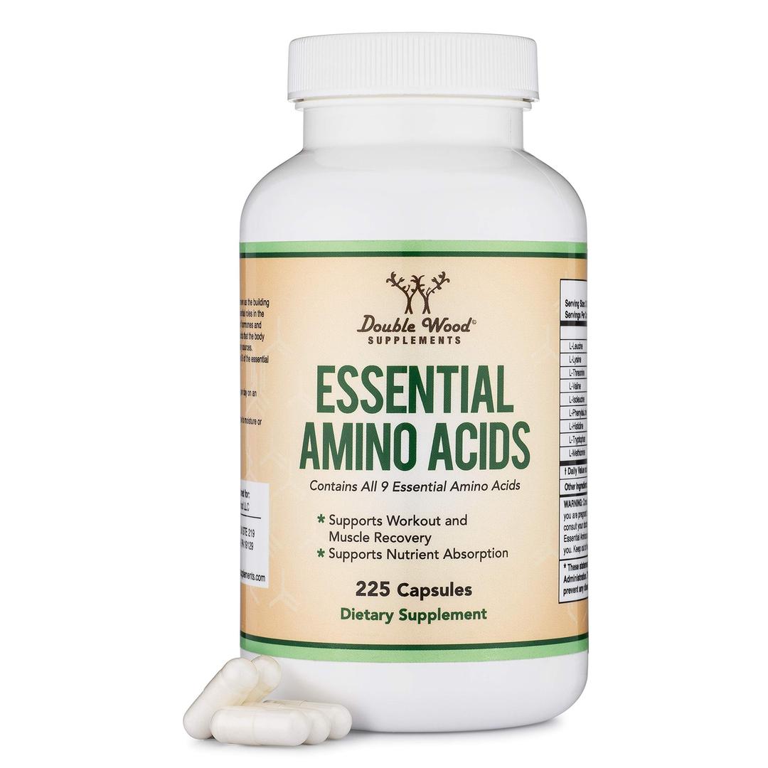 Essential Amino Acids - 1 Gram Per Serving Powder Blend of All 9 Essential Aminos (EAA) and All Branched-Chain Aminos (BCAAs) (Leucine, Isoleucine, Valine) 225 Capsules, Gluten Free by Double Wood