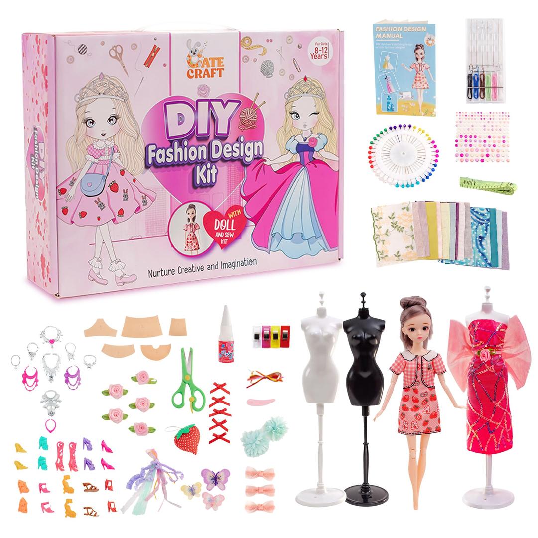 Cate CraftFashion Design Sewing Kit for Girls Ages 6-12 with Doll, Mannequins, Fabrics, Tools