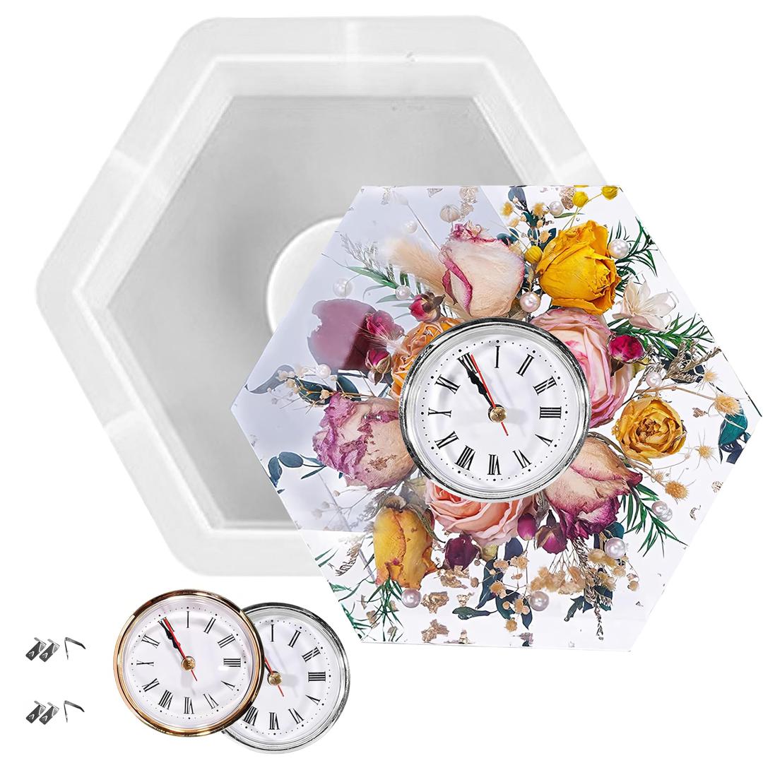 Resin Molds Silicone, Hexagon Silicone Molds for Resin, Table Clock Resin Molds with 2 Clock Movement Accessories for DIY Craft Home Decoration (White)