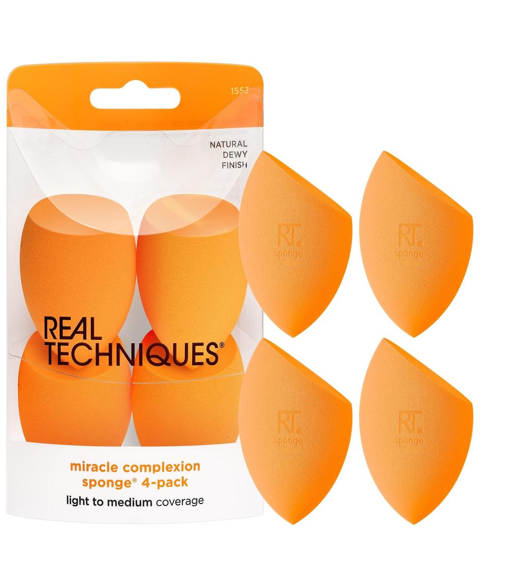 Real Techniques Miracle Complexion Sponge, Makeup Blender for Liquid and Cream Foundation, Full Coverage, Streak-Free Professional Makeup Tool, Cruelty Free, Vegan, Latex Free, 4 Count