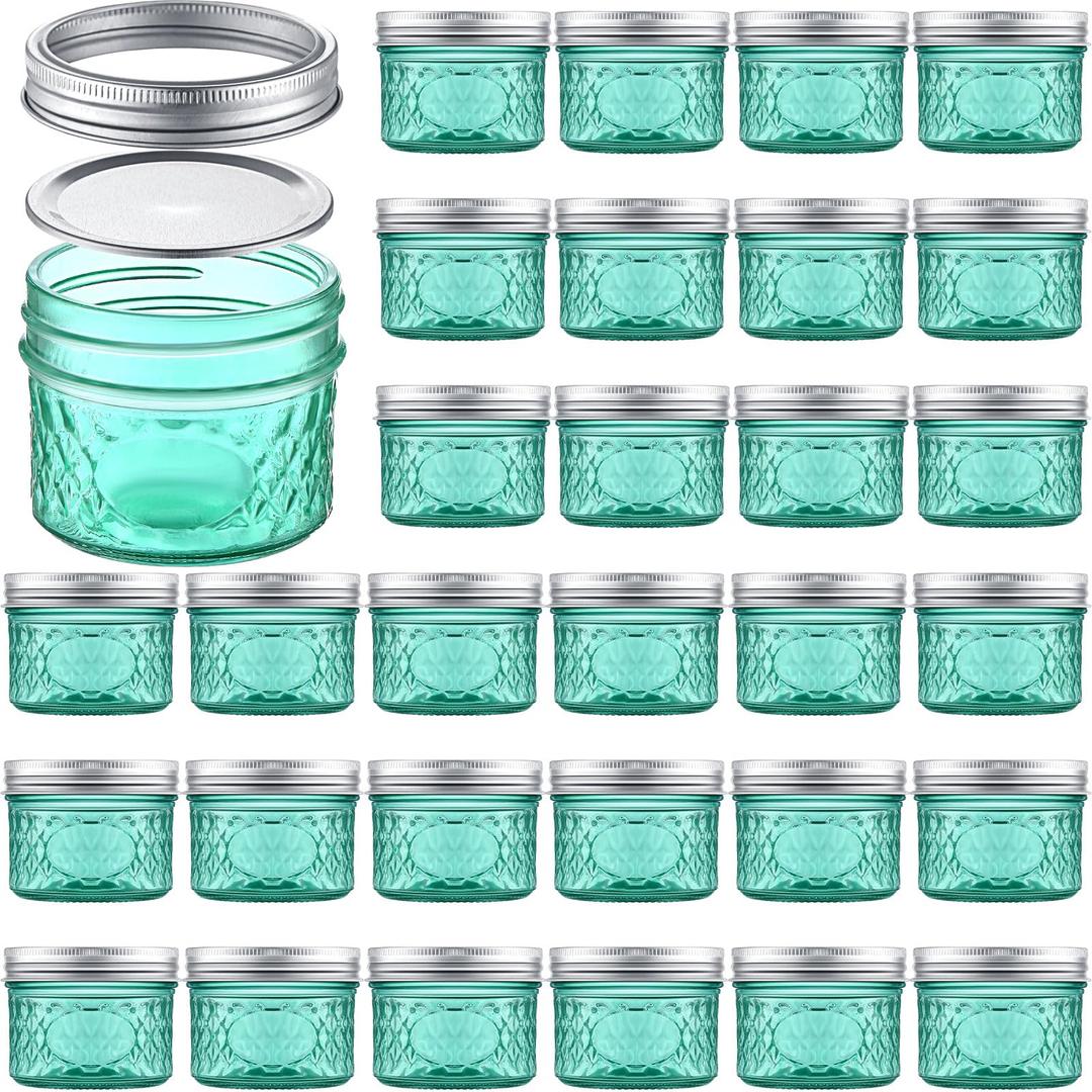 Lallisa 30 Pack 4 oz Small Mason Jars Vintage Wide Mouth Canning Jars Mini Mason Glass Jar with Lids Home Containers with Lids for Crafts Teas Spices Honey Wedding Favors(Green)