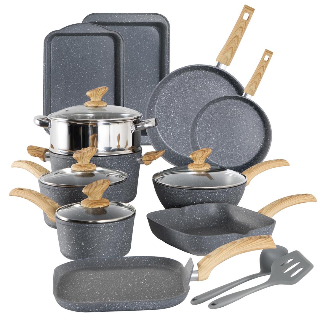 Kitchen AcademyGranite Nonstick Cookware Set - 17 Piece Gray Cooking Pans Set, Induction Pots and Pans Set Non Stick, PFOA & PFOS Free.