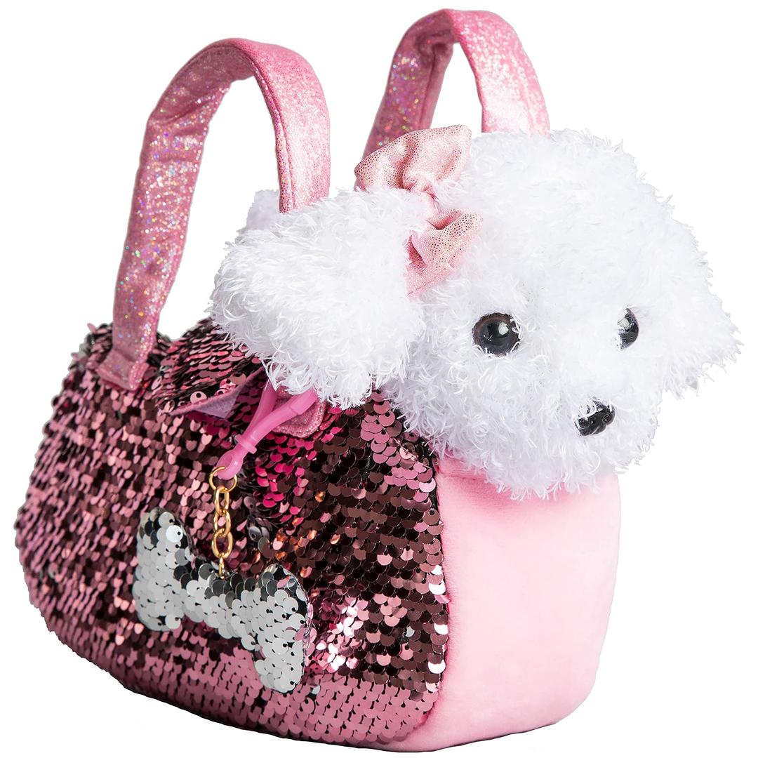 Little JupiterPet Plush Set with Purse w/ Reversible Sequins & Charm - Stuffed Animal Toy for Kids Ages 4 - 5 - 6 - 7 - Stuffed Animal Purse - Stuffed Animals for Girls - (White Labradoodle)