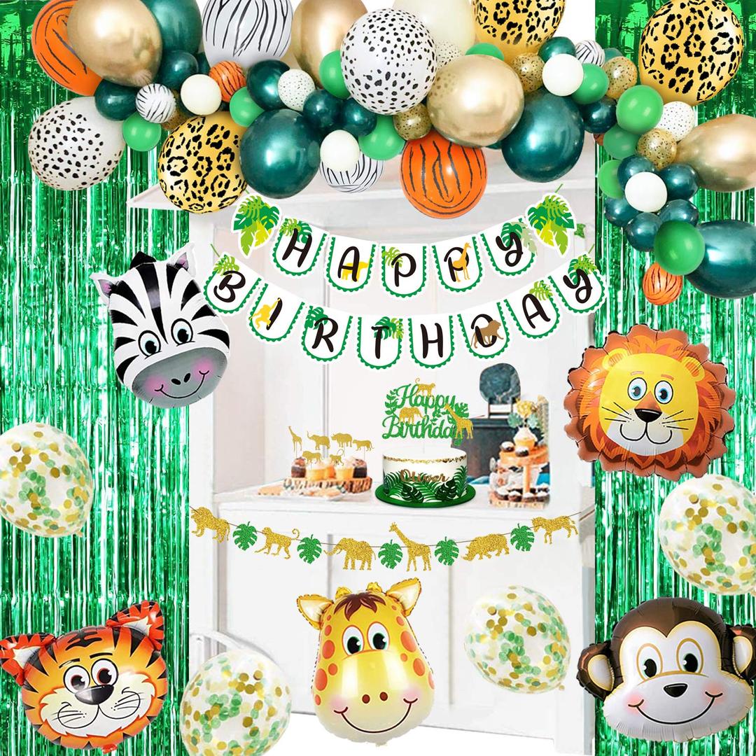 Safari Birthday Decorations 90PcsSet Jungle Theme Party Supplies Set Including Animal Foil Balloons, Foil Curtains, Cake Toppers, Banner, Jungle Balloon Garland Kit, Safari Baby Shower