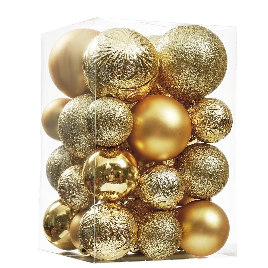 Christmas Ball Ornaments - 30pcs Shatterproof Plastic Christmas Ornaments Hanging Ball Decorations for Xmas Tree, Holiday, Wedding, Party (Multi-Size, Gold)