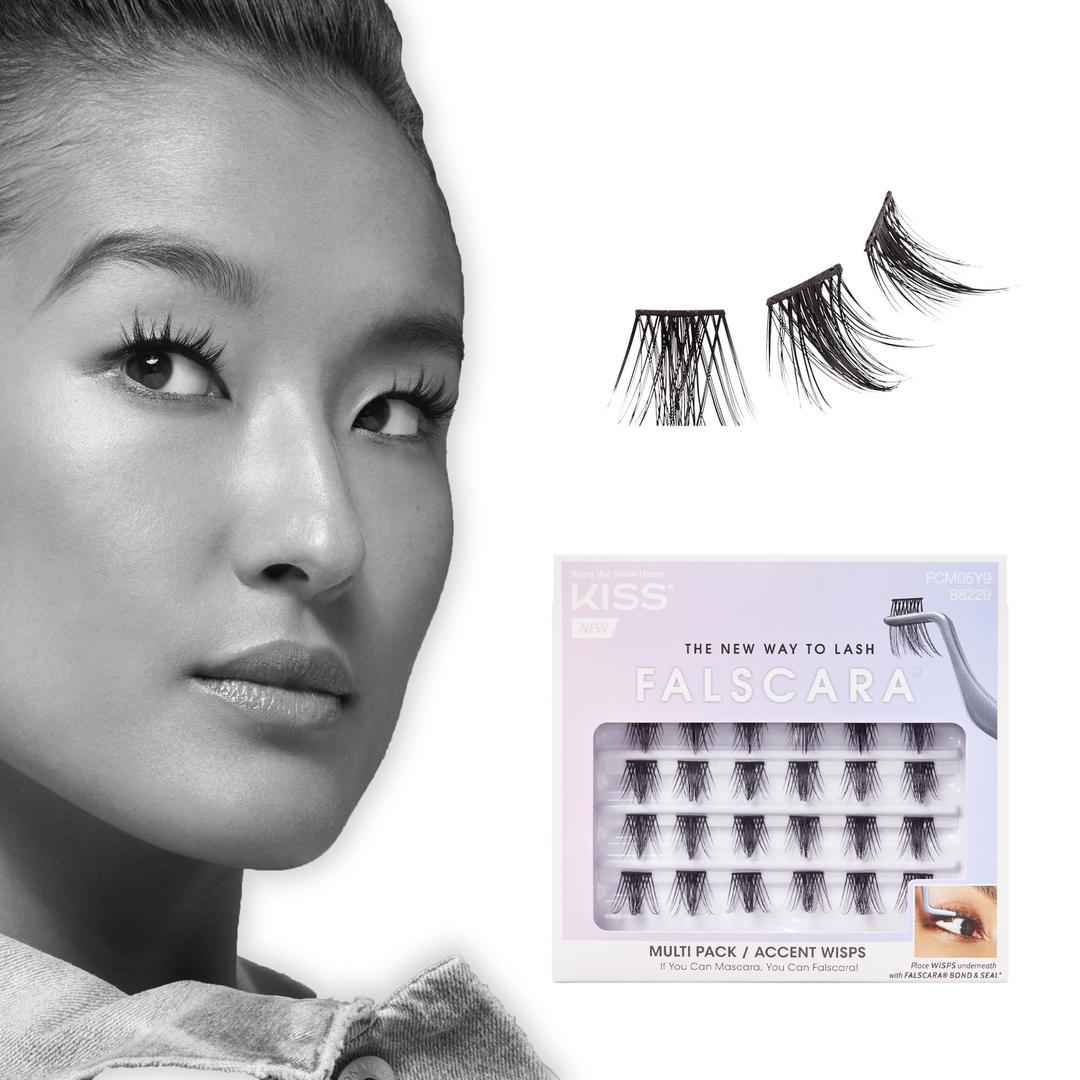 KISS FALSCARA False Eyelashes, Lash Extension Kit, ‘Accent Wisps', 10mm-12mm-14mm, Black, Reusable Eyelash Clusters, Waterproof Individual Lashes, No Damage to Natural Lashes, 24 Lash Clusters