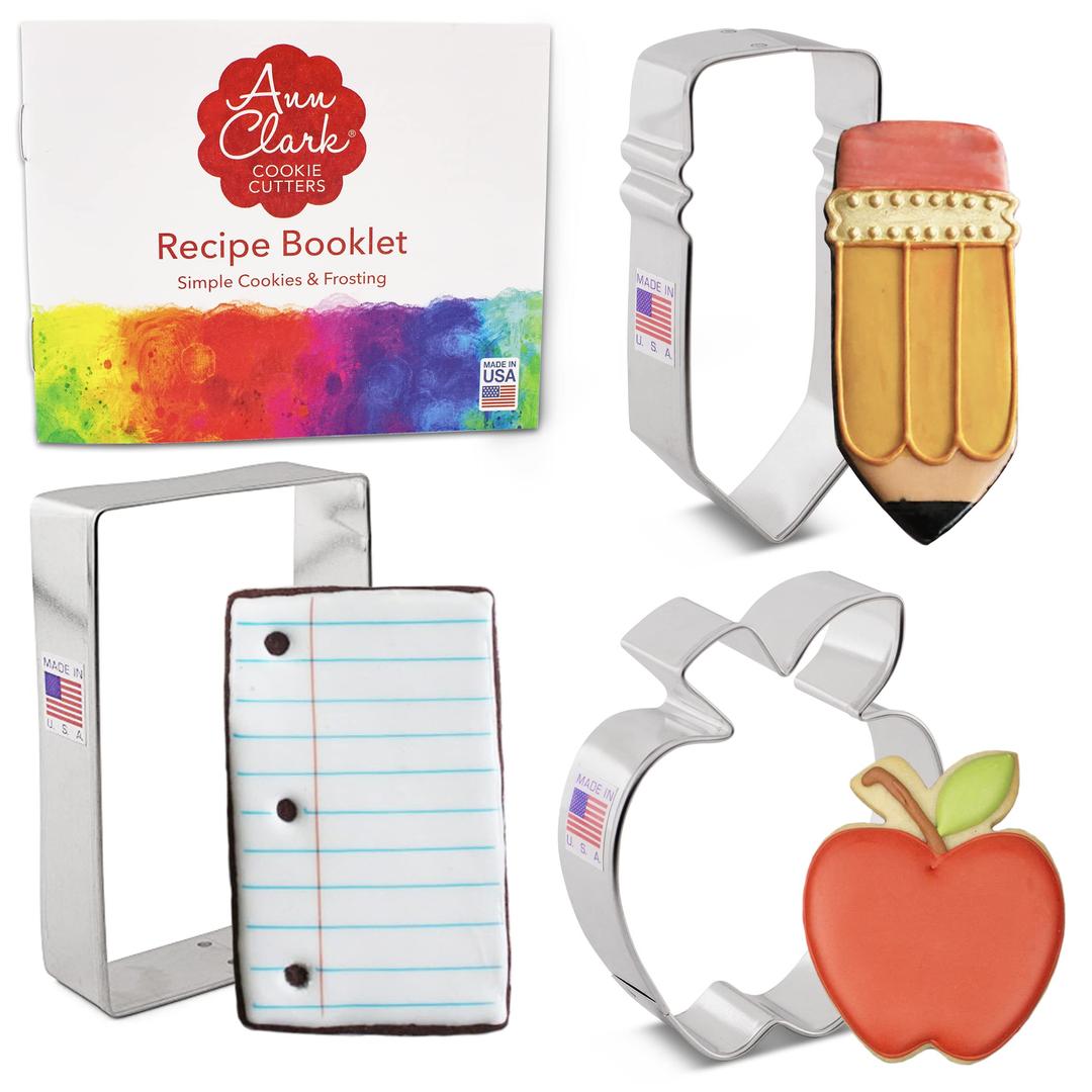 Back To School Cookie Cutter Set with Recipe Booklet - 3 piece - Apple, Pencil & Paper - Ann Clark - USA Made Steel