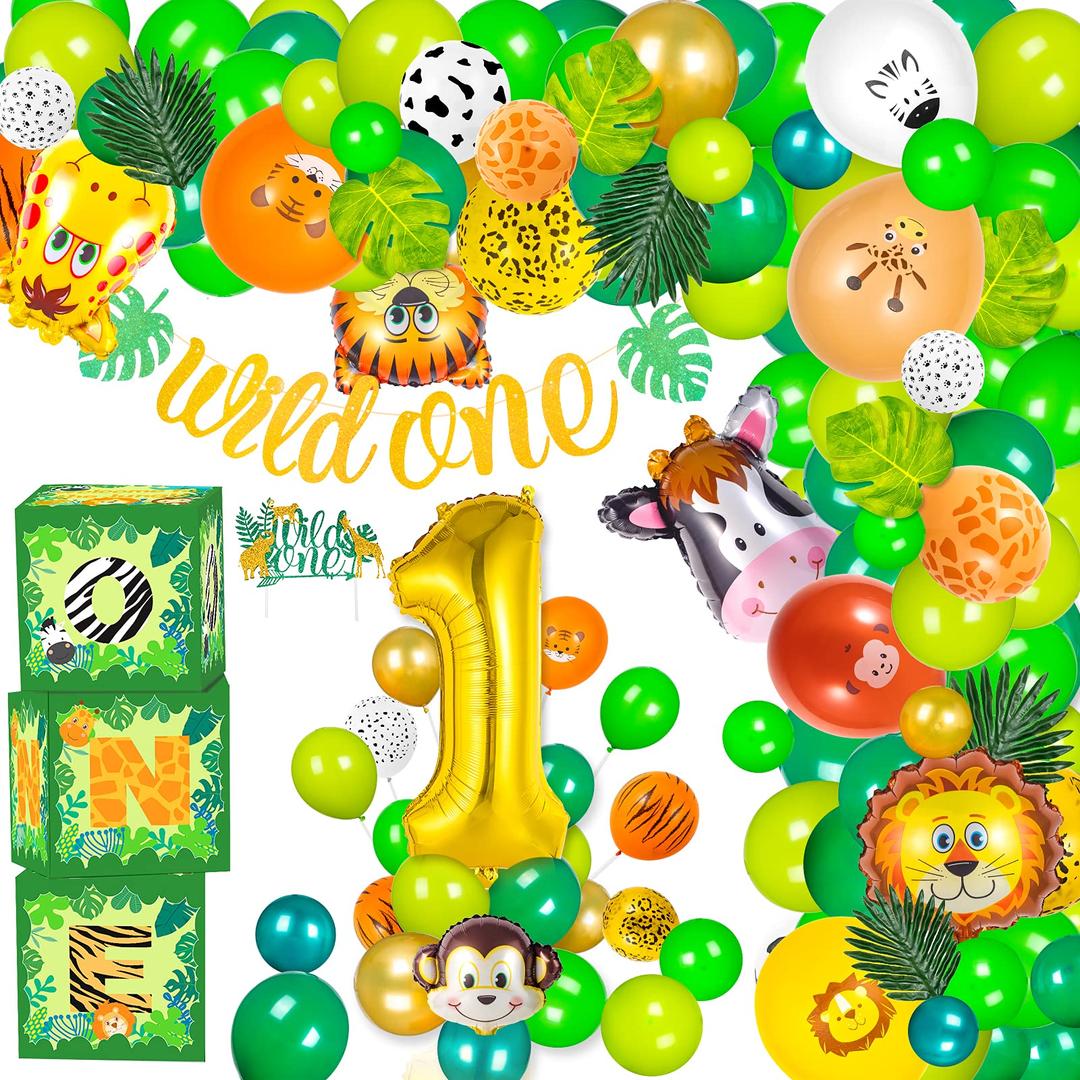 Jungle Safari Theme Balloon Garland Arch Kit Party Decorations Wild One Birthday Decorations for Boys Include Leaf, Banner, Boxes, Cake Topper for 1st Baby Shower Animal Safari Birthday Party Supplies