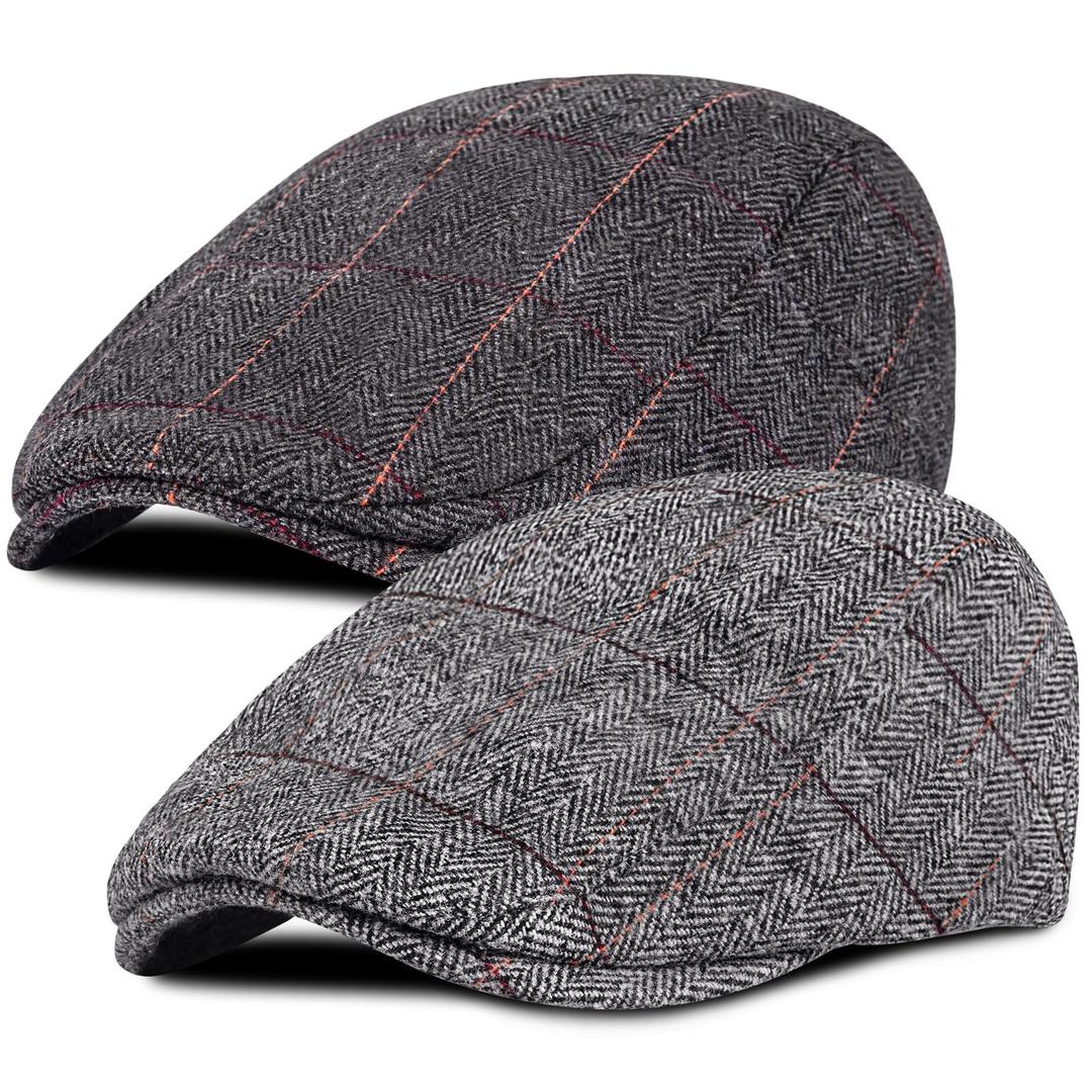 2 Pack Newsboy Hats for Men Classic Herringbone Tweed Wool Blend Flat Cap Ivy Cabbie Driving Hat