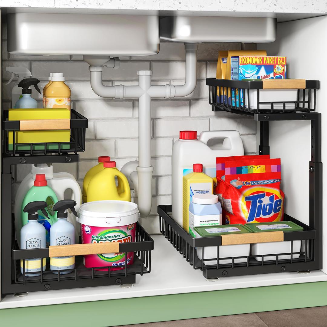 Under Sink Organizer, 2 Packs 2 Tier Under Sink Organizers and Storage, Slide out Pull out Cabinet Organizer Shelf, Metal Sliding Drawer for Kitchen Bathroom Pantry Cabinet Closet Organization Rack