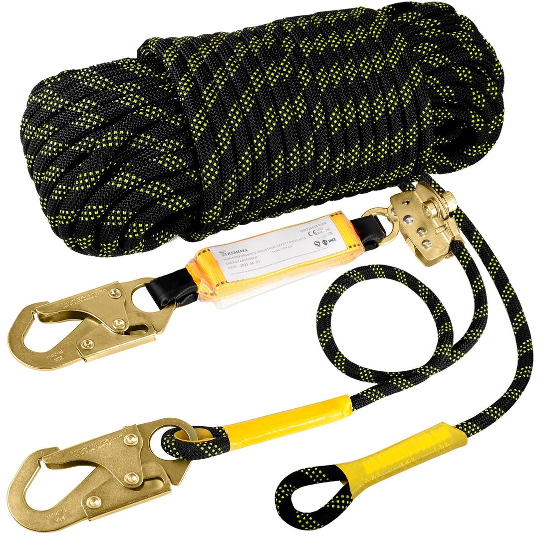 TRSMIMA Rope Harness Safety Lanyard：25ft Vertical Roofing Rope With Grab Snap Hooks Shock Absorber - Fall Protection Tree Climbing Line Kit Heavy Duty Roof Safety Equipment ANSI CE